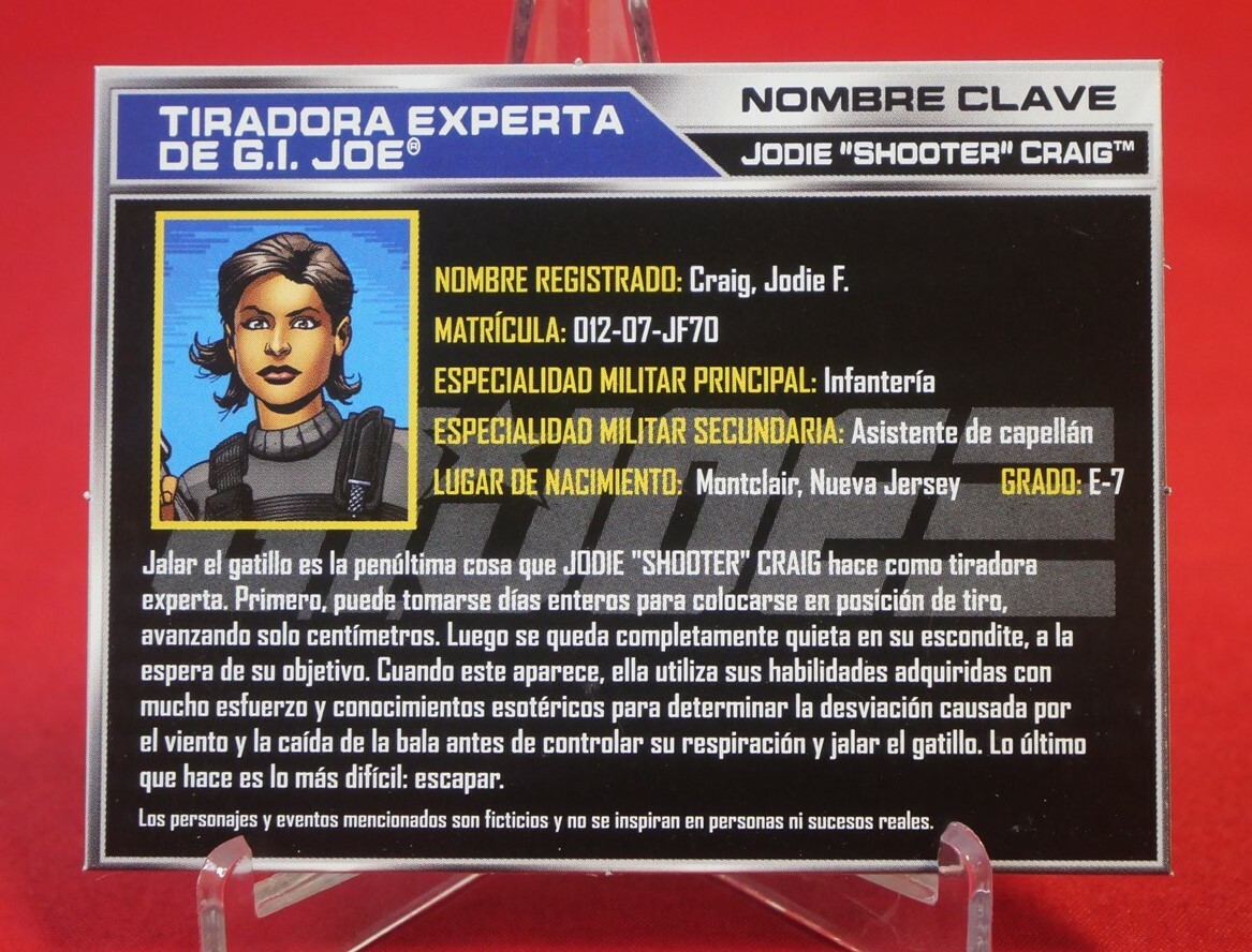 GI Joe FILE CARD Jodie Craig Marksman v1 50th Anniversary Spanish Portuguese