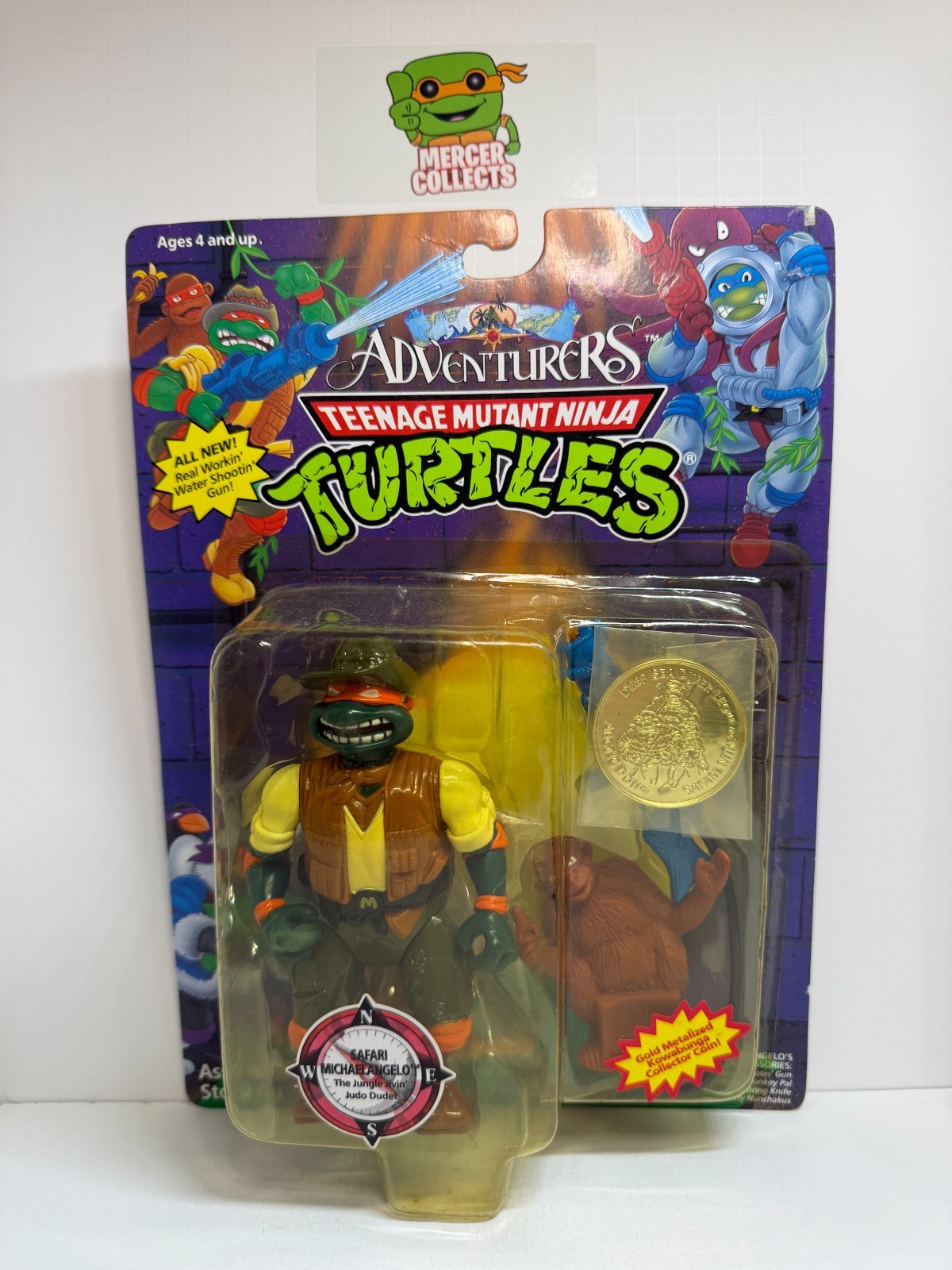 *Yellowing* TMNT Ninja Turtles Safari Michaelangelo 1994 Playmates w/Coin