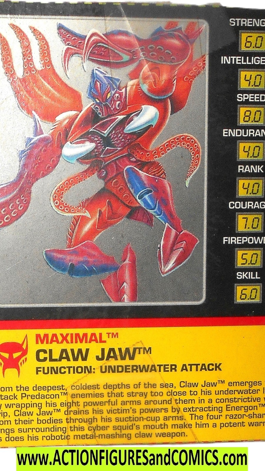 Transformers Beast Wars CLAW JAW 1996 Tech Spec File Card techspecs squid 1997