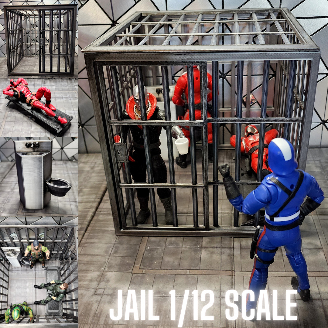1 JAIL, Sink & Toilet With Cot, Silver, For 1:12 Scale Figures, Custom Design