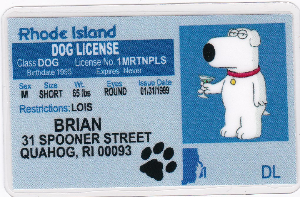 Brian the Dog from the Family Guy fun Novelty license/ id card