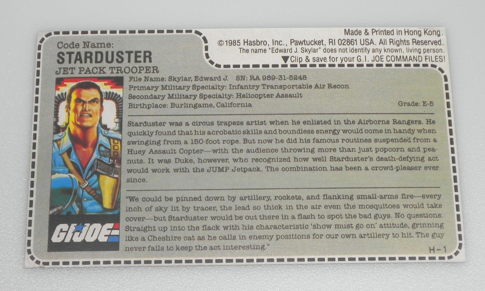CUSTOM REPRO G.I. GI Joe Starduster 1987 ARAH Mail Away Figure Uncut File Card