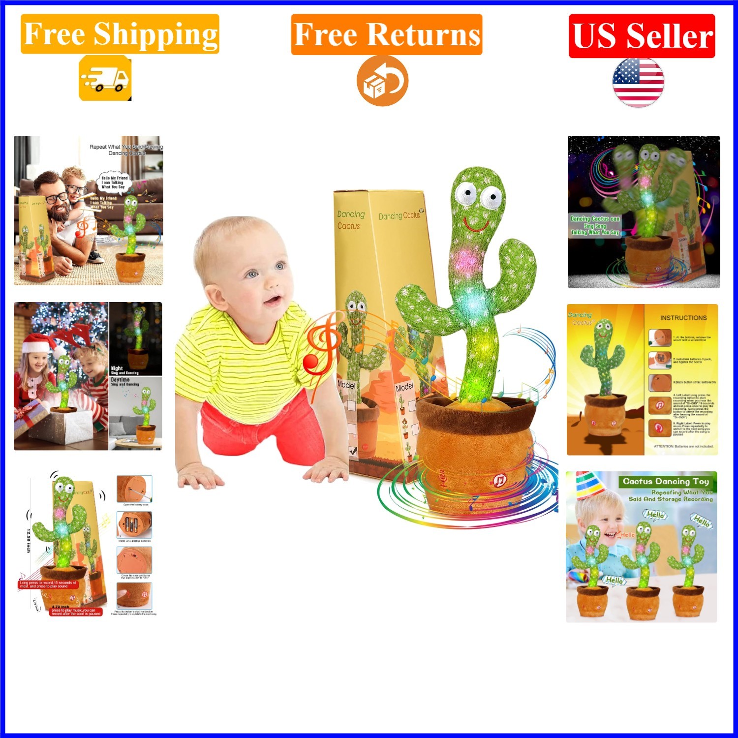 Talking Dancing Cactus Toy for Kids, Interactive Singing Plush, 12.6 Inches