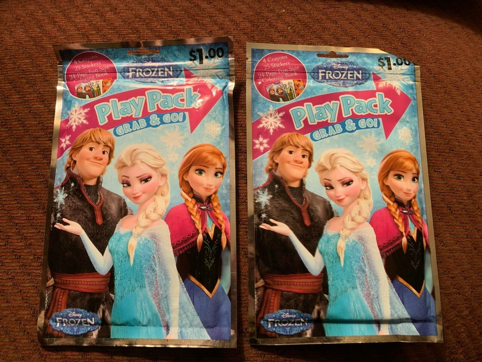 2 Disney Frozen Play Pack Grab & Go~24 Page Book, 4 Crayons & 25 Stickers, NEW!!