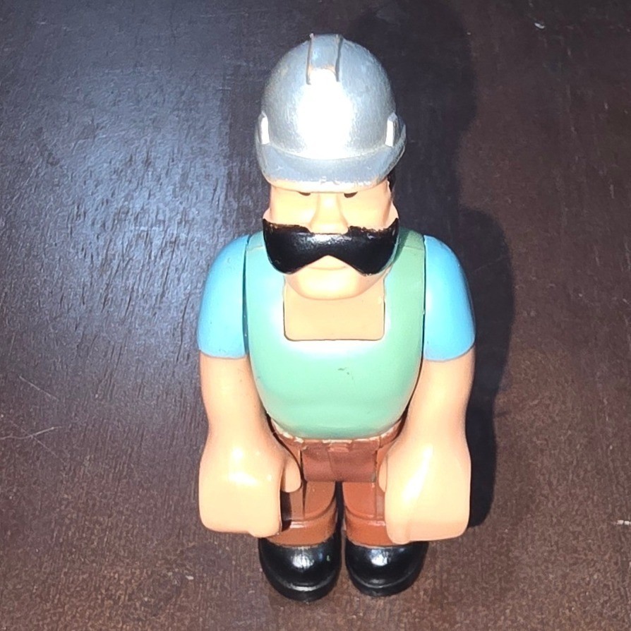 Vintage Construction Worker Action Figure Silver Hard Hat Mustache Toy Builder