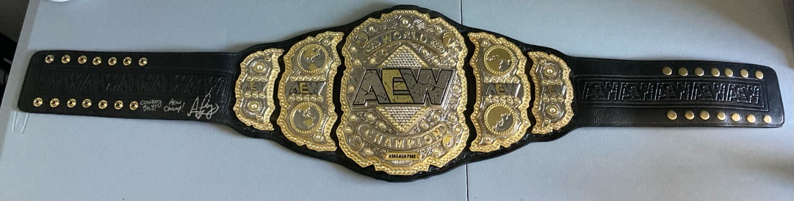 AEW World Championship Replica Belt 4MM Brass Leather W/Name Signed by Adam Page