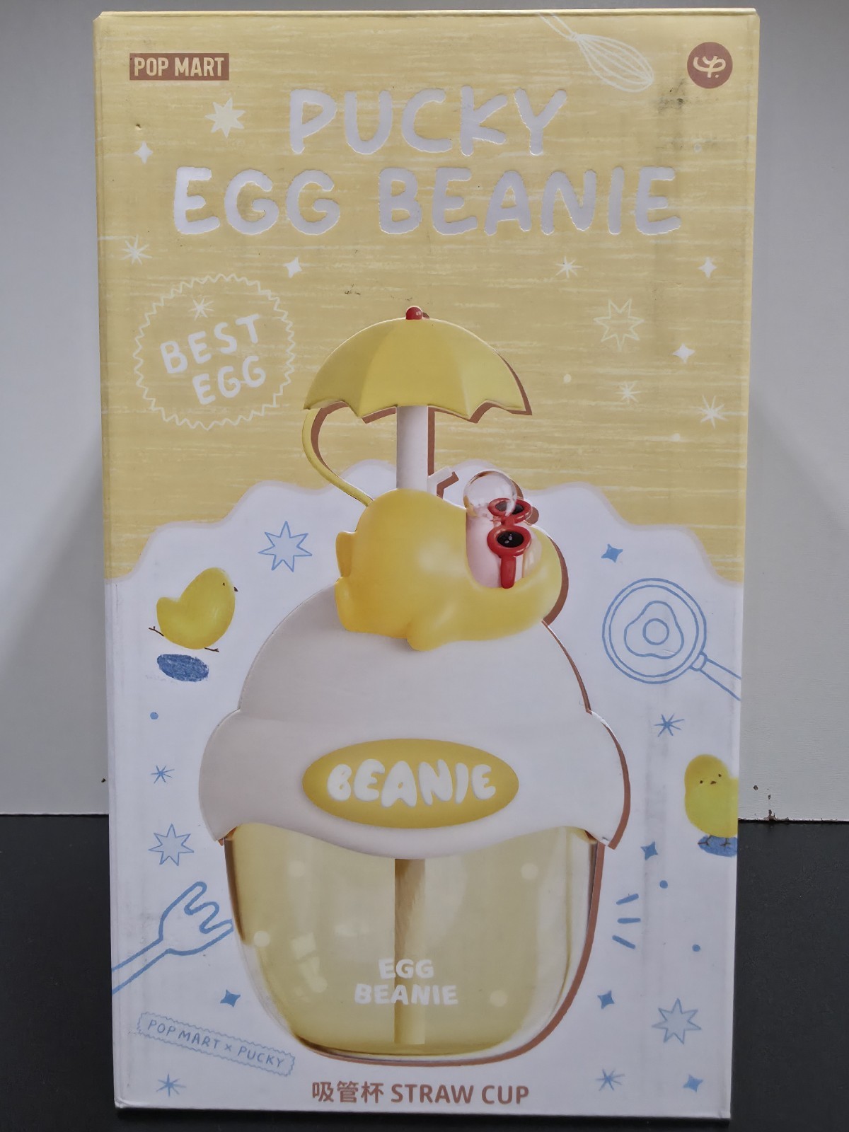 PopMart Pucky Egg Beanie Series Straw Cup 505ml Yellow NEW/OPEN BOX DMG PKG