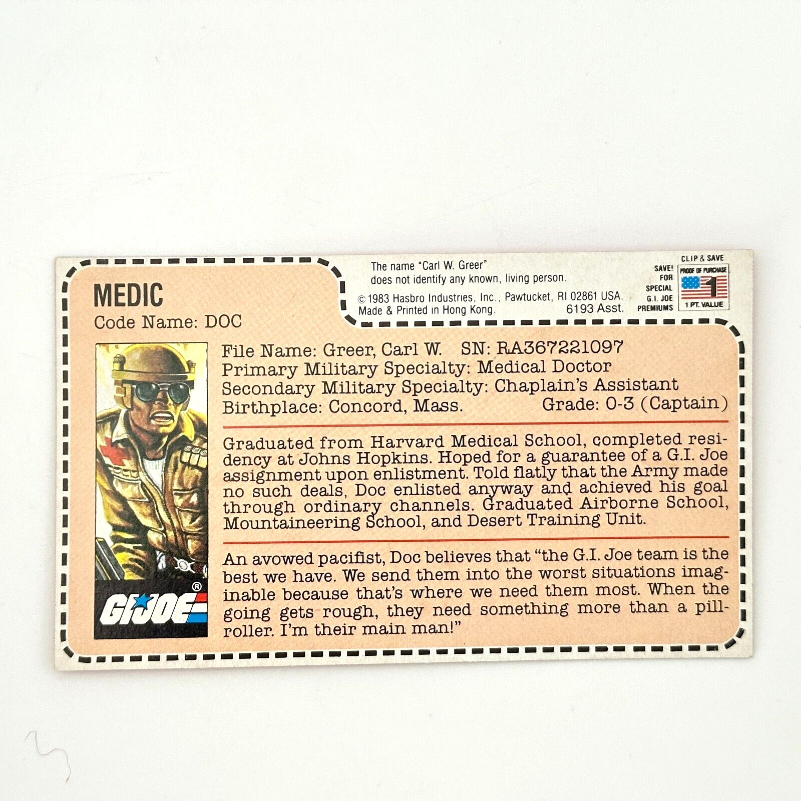 1983 GI Joe DOC RED BACK MAIL AWAY FILE CARD. VERY GOOD CONDITION!