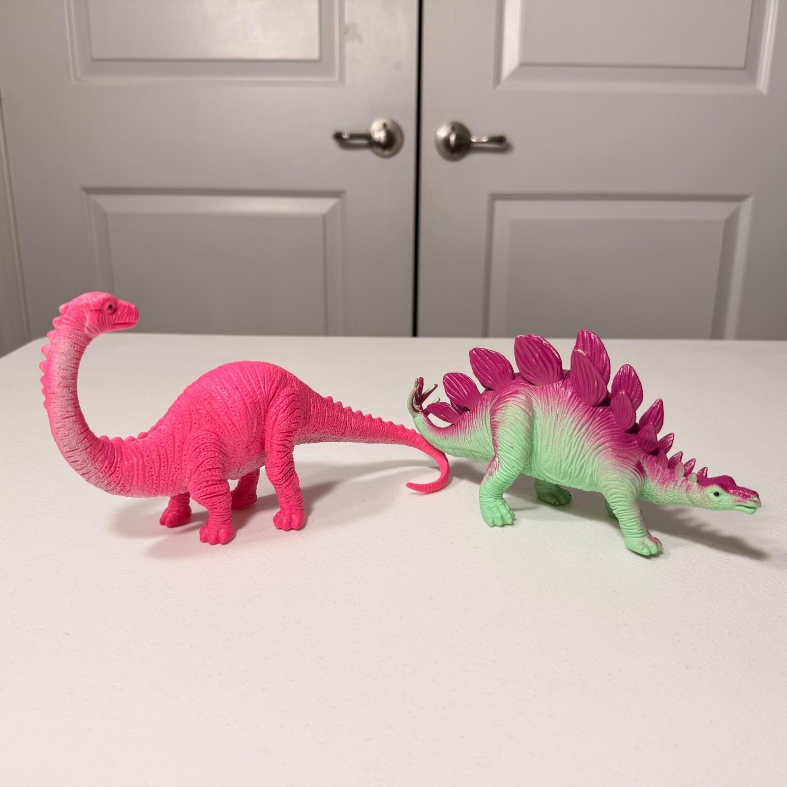 Vintage Neon Dinosaur Figures Set Pink Brachiosaurus Purple Stegosaurus Toy Lot