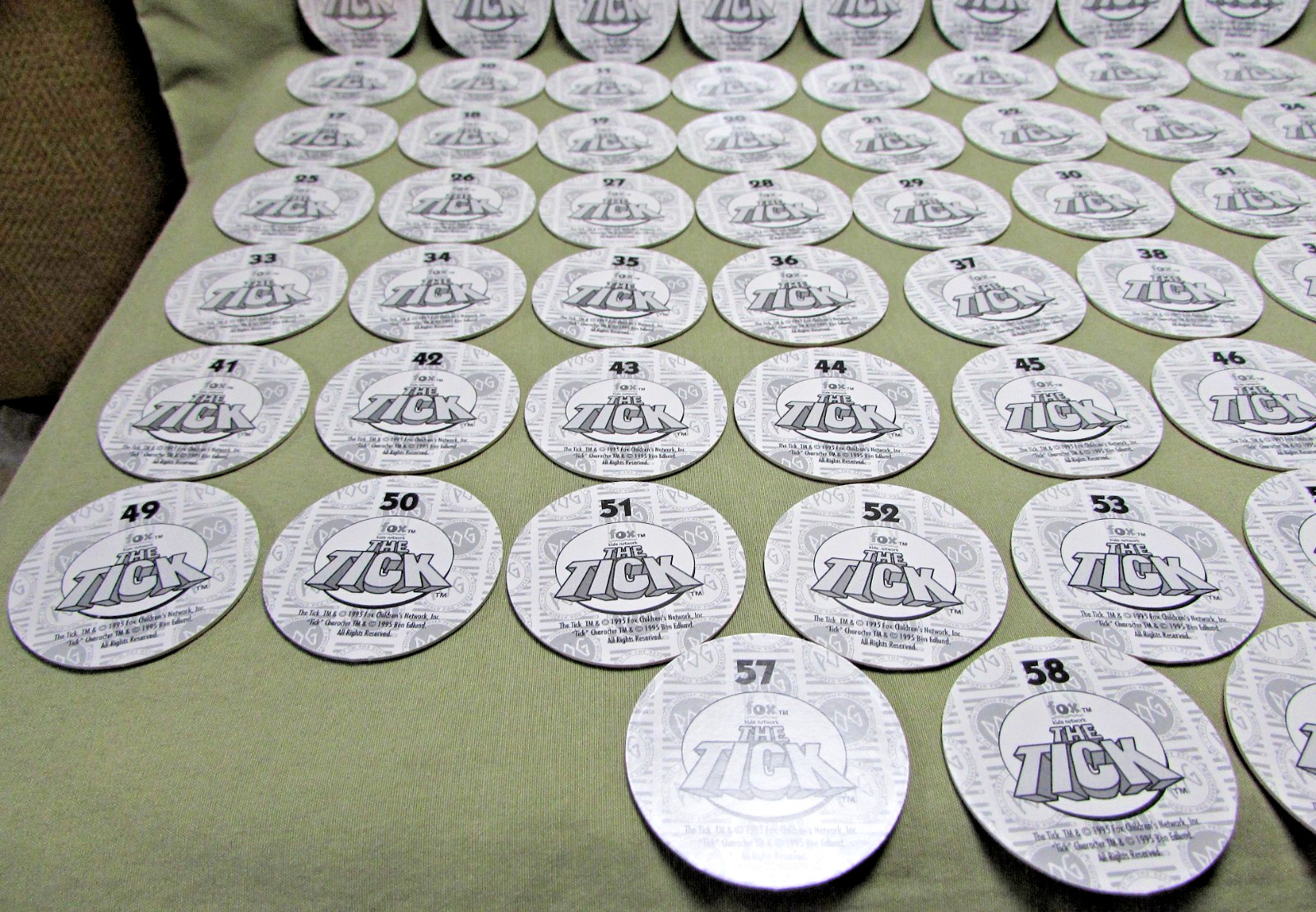 1995 THE TICK POG MILKCAP COMPLETE SET of 60 Fox Children&rsquo;s Network Ben Edlund