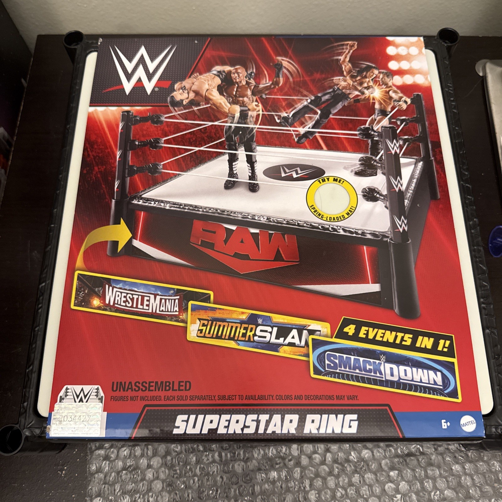 WWE Superstar Ring 14&Prime; Spring-Loaded Mat Pro-Tension Ropes 4 Events in 1 Playset