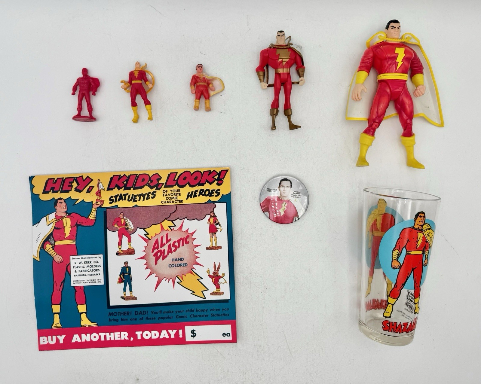 LOT OF Shazam Action Figures Vintage Pepsi Glass Tom Tyler Button and More