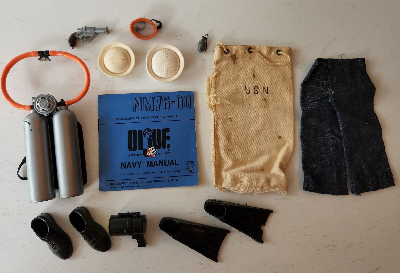 Vintage 1964 GI JOE Action Sailor Accessories Navy Manual, Air Tanks, Duffle Bag