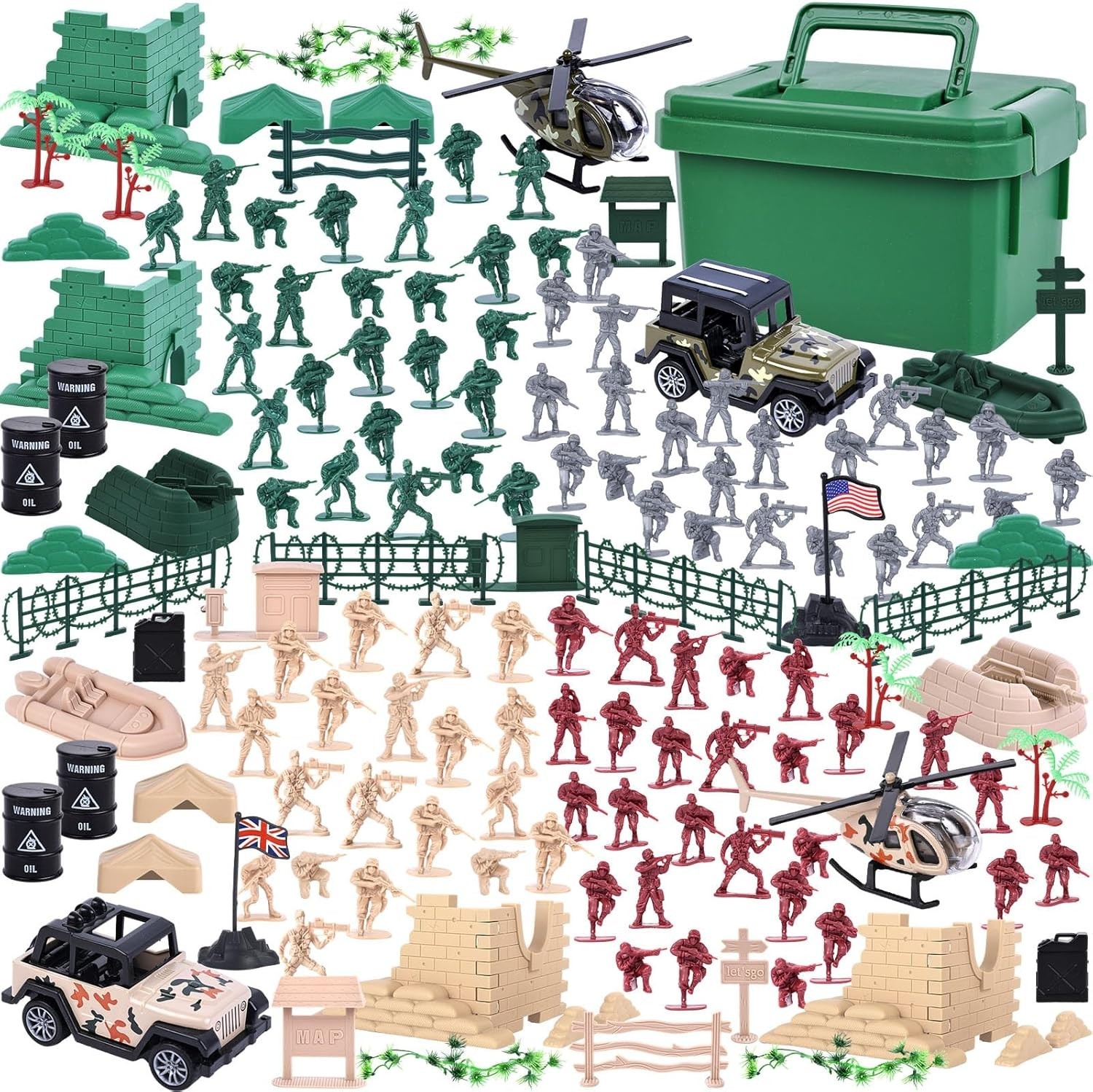 Army Men Playset with Toy Soldiers Vehicles Helicopter in Storage Box Kids Ages