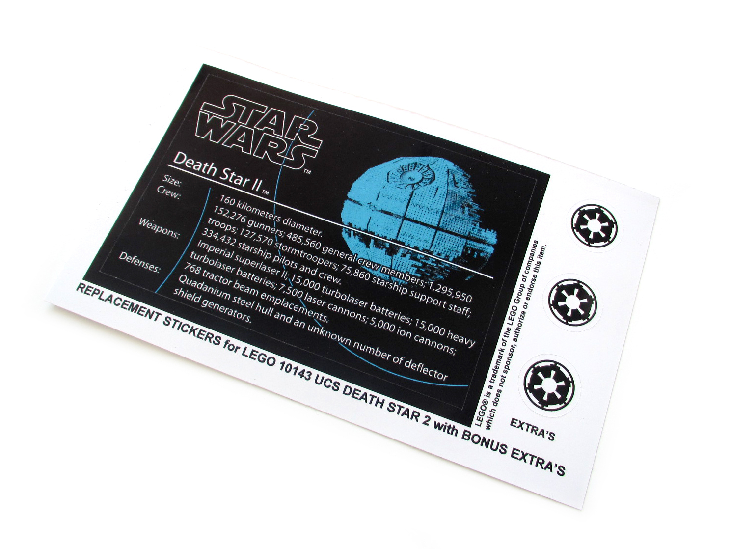 CUSTOM REPLACEMENT STICKERS for STAR WARS Set 10143 DEATH STAR II + BONUS