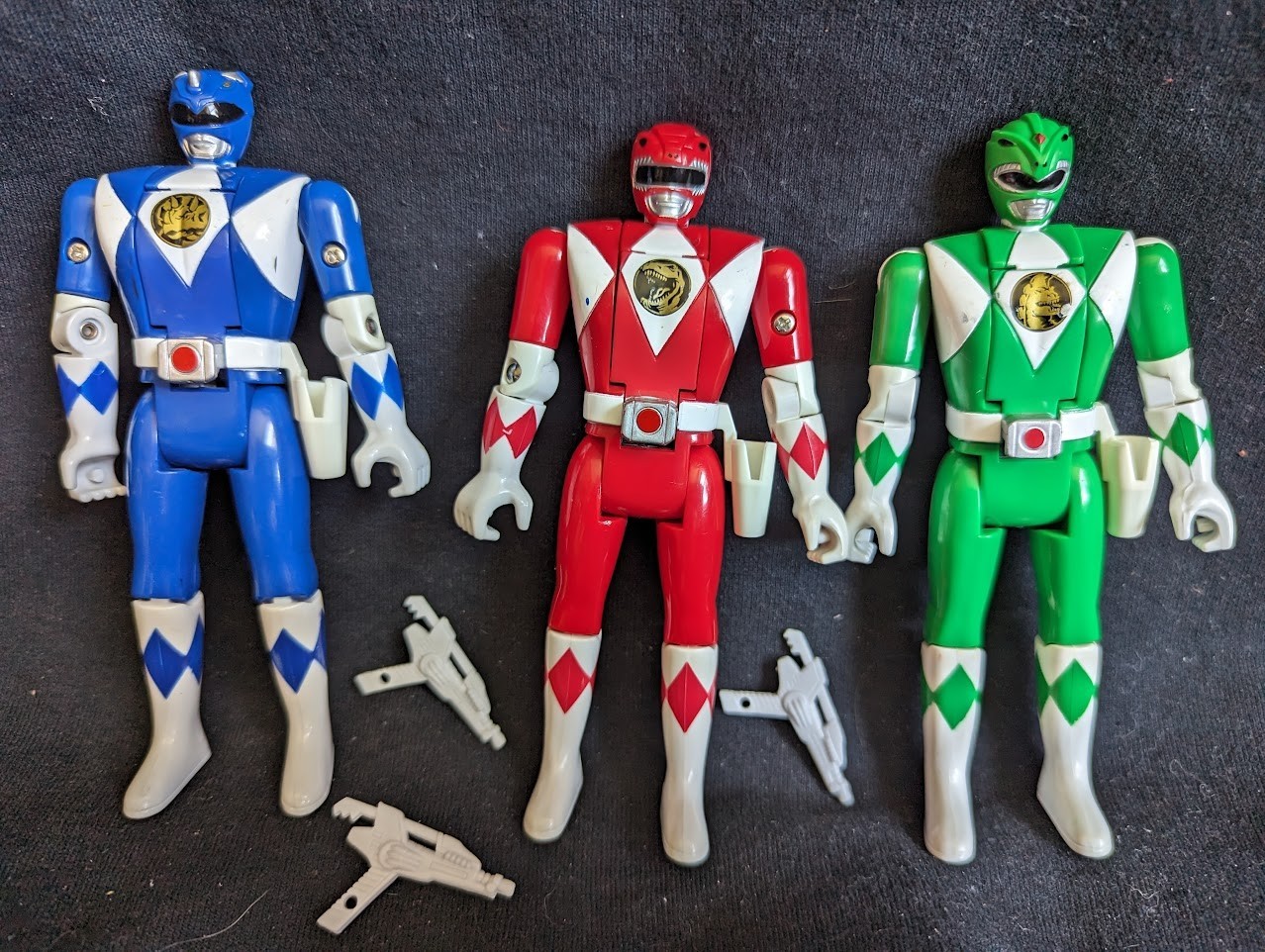 3 1995 Mighty Morphin Power Rangers Flip Head Lot Red Green Blue Bandai + Guns