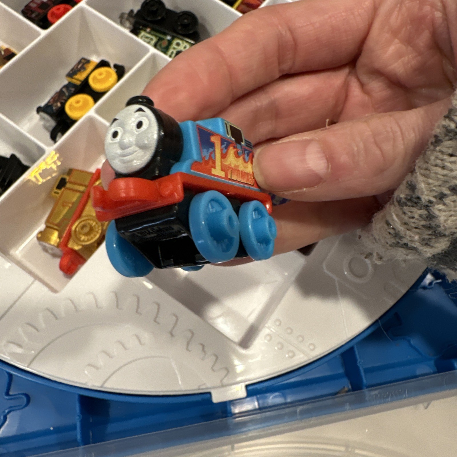 Thomas Miniature Train Set Blue Circular Storage Case With Trains And Extra