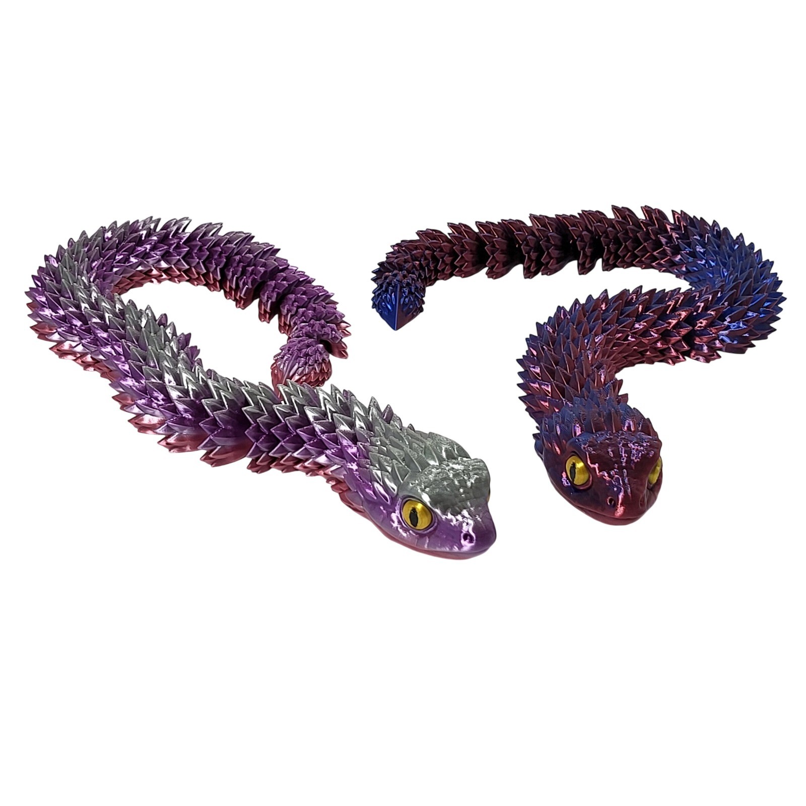 2 Pack Articulated 3D Printed Viper Snake Fidget Toy Iridescent Purple Blue 14in