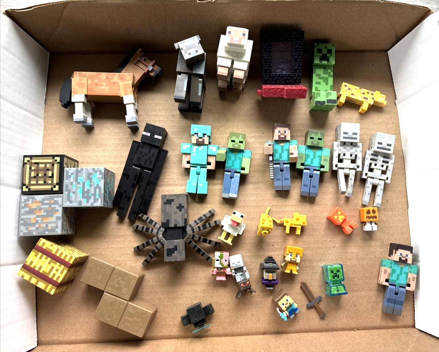 Minecraft Toy Lot Of 33 Figures, Animals, Block, Weapons, Portal Door And More