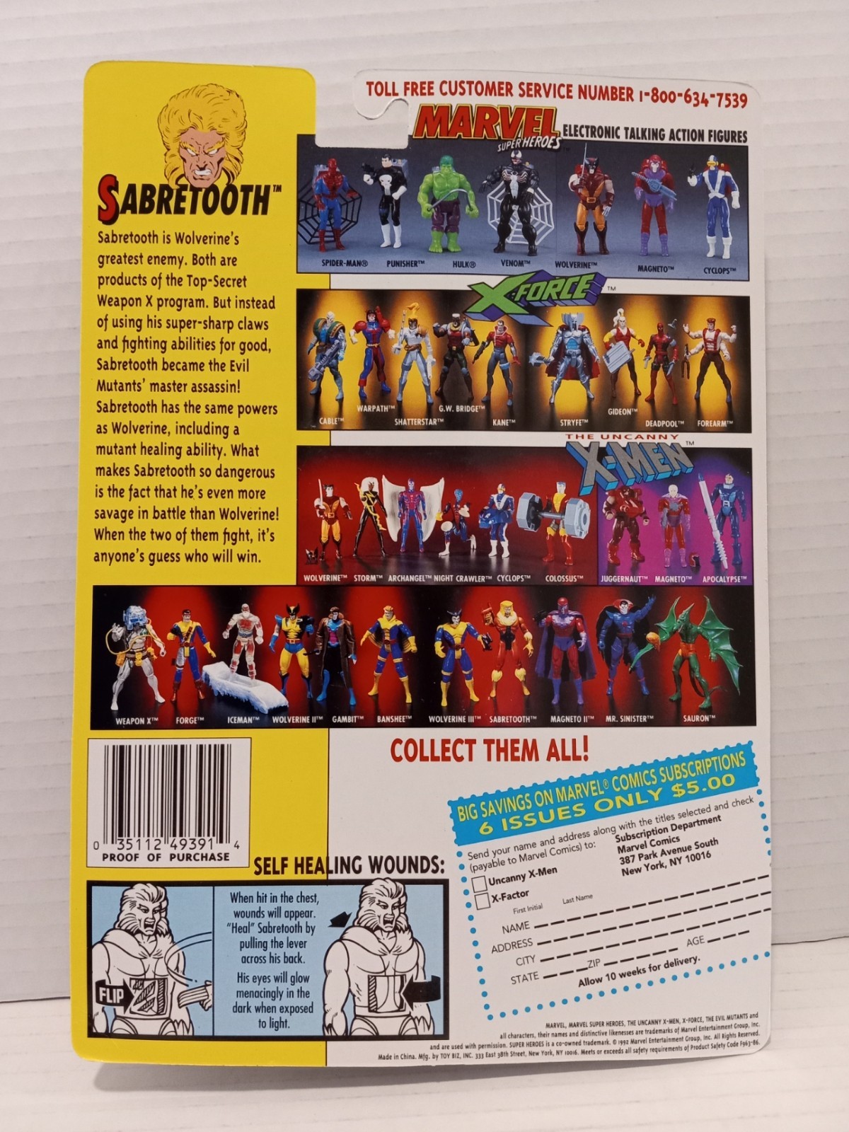 SABRETOOTH ACTION FIGURE – W/SELF HEALING WOUNDS – GREAT MOC – TOY BIZ – 1992