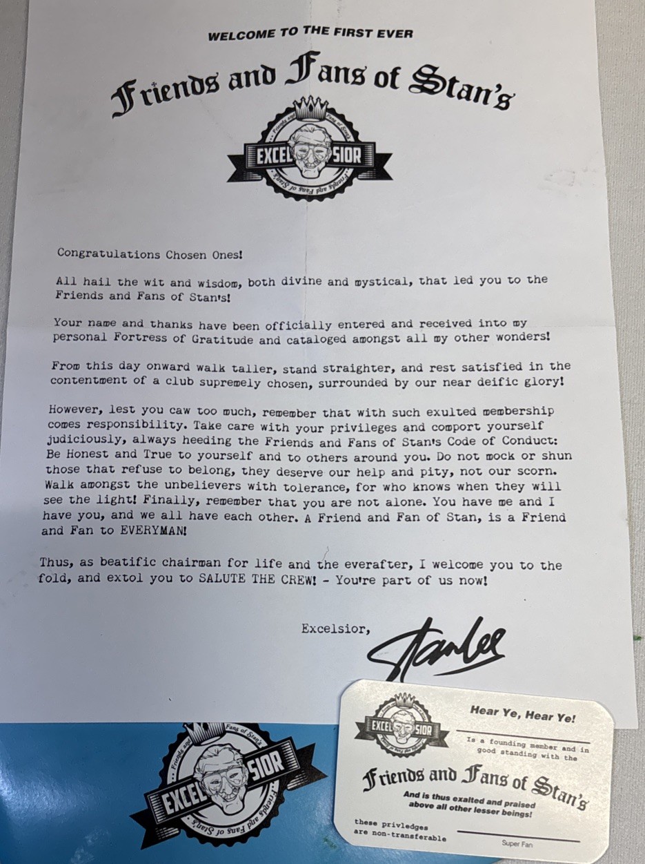 VTG Stan Lee Fan Club First Excelsior Fan Club Letter & Card Comic Book Legend