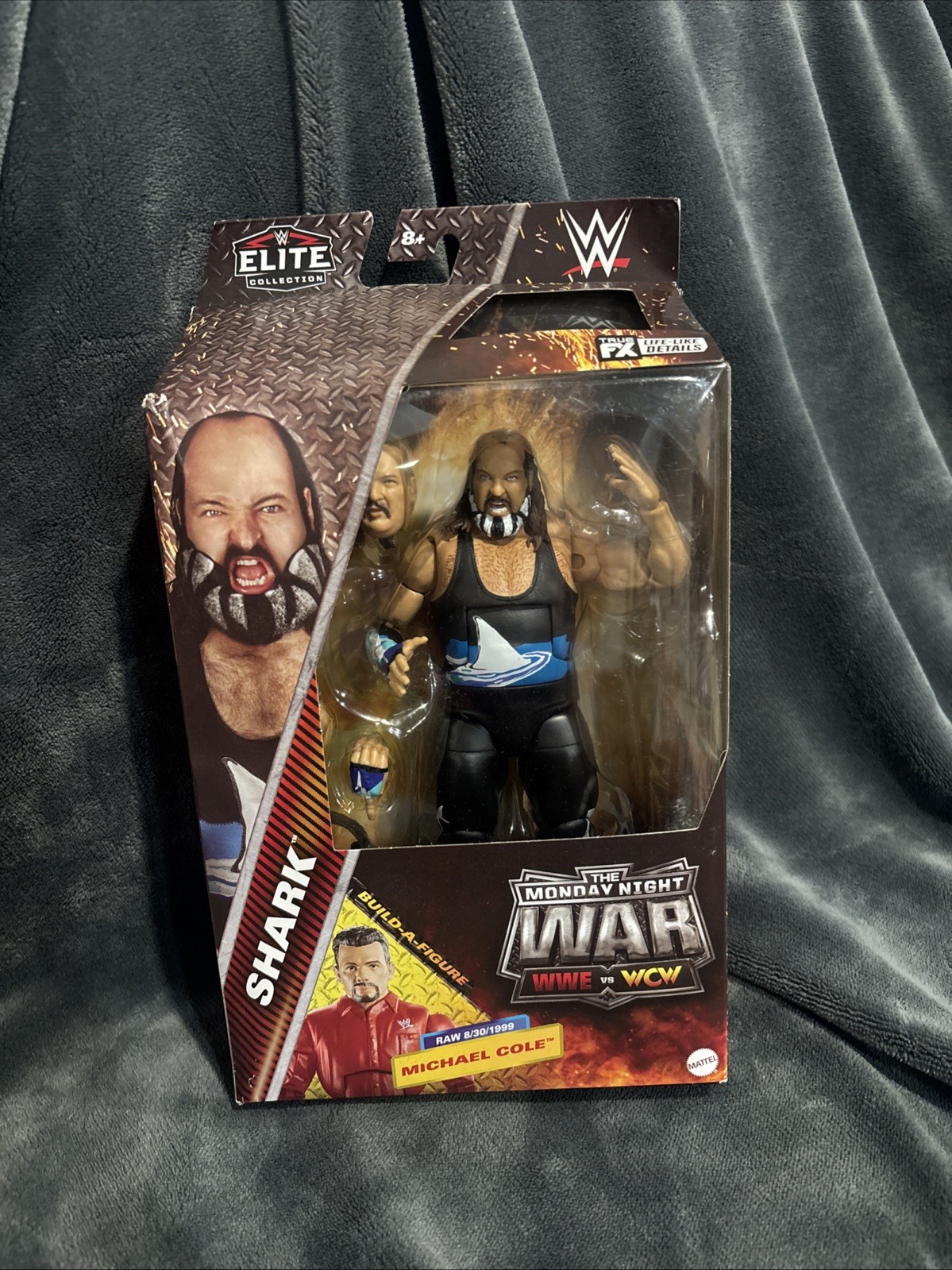 WWE vs. WCW Elite Monday Night War Shark figure w/ Michael Cole BAF