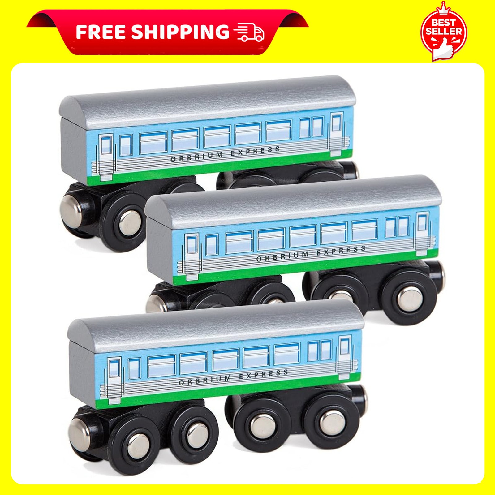Orbrium 3 Pcs Large Wooden Railway Express Coach Cars, Compatible with Thomas &