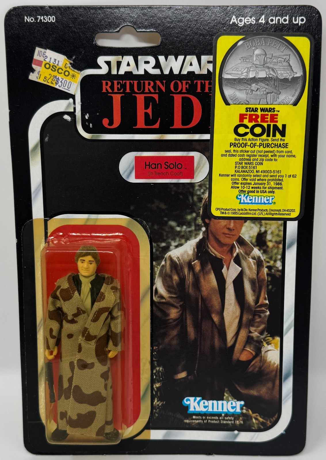 Star Wars ROTJ Han Solo Trench Coat 77 back 1983 Coin offer Kenner action figure