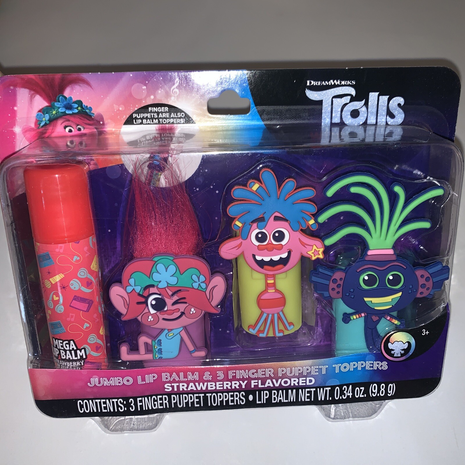Trolls World Tour Jumbo Lip Balm & 3 Finger Puppet Toppers. Strawberry Flavored