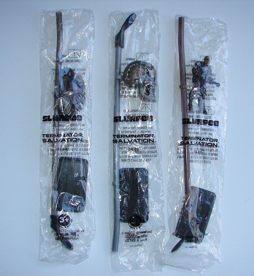 3 Diff 7-11 TERMINATOR SALVATION 2009 Slurpee Spoon Straw w/ Detachable Figures