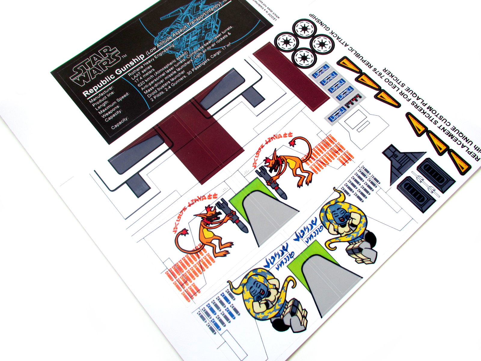 CUSTOM STICKERS for STAR WARS Set 7676 REPUBLIC ATTACK GUNSHIP + DATA STICKER