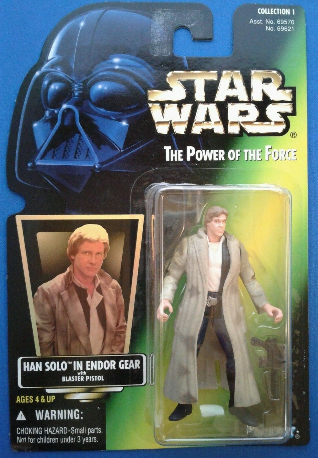 Star Wars POTF Han Solo in Endor Gear w/ Blaster Pistol, Foil Sticker Green Card