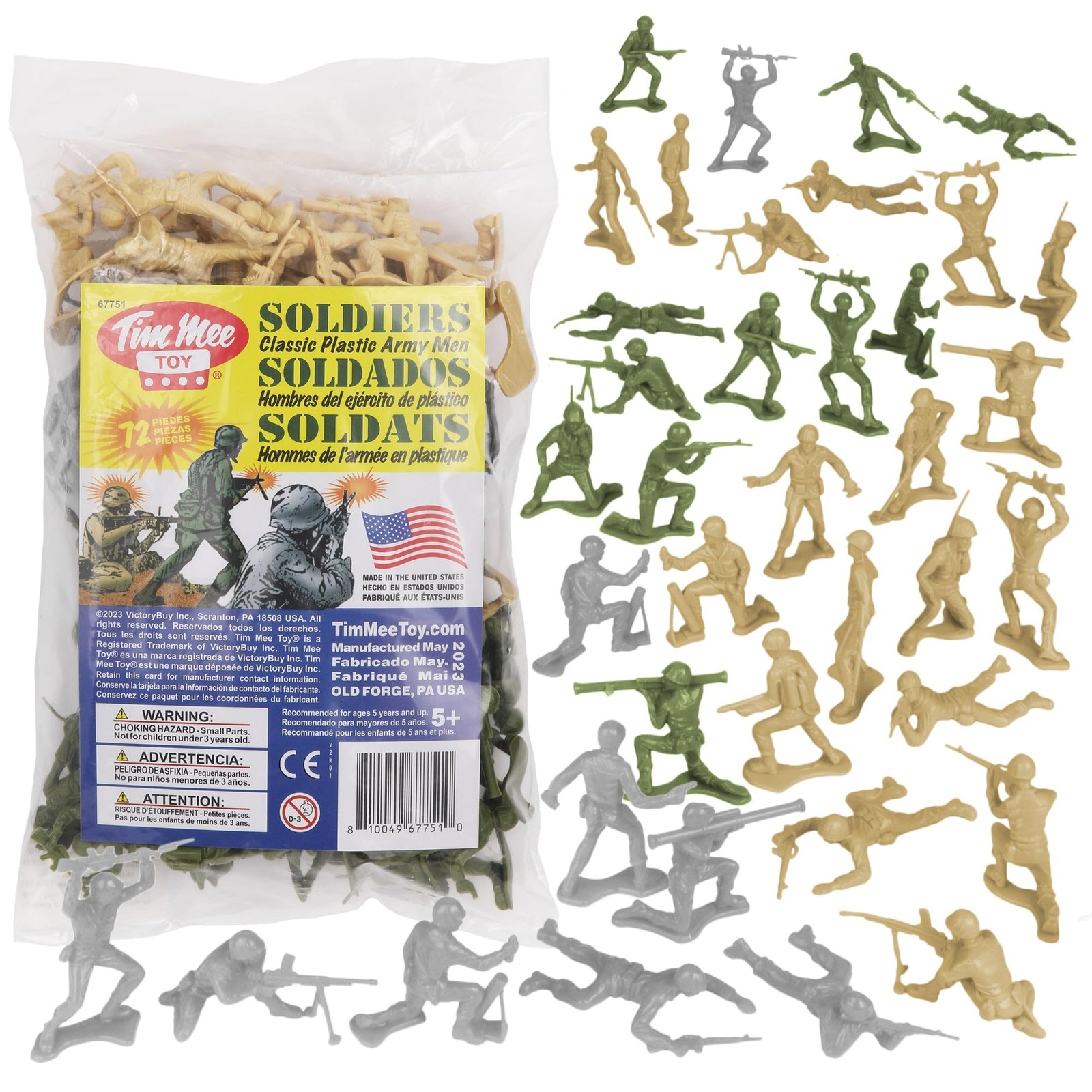 TimMee Plastic Army Men OD Green, Tan & Gray 72pc Soldier Figures – Made in USA