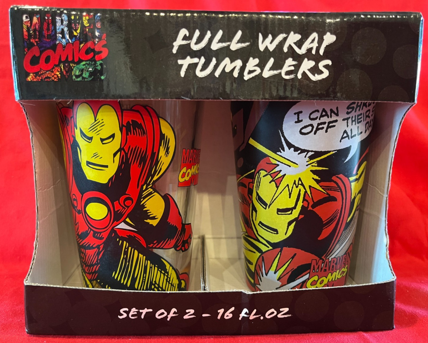 MARVEL COMICS IRON MAN FULL-WRAP TUMBLERS 16OZ GLASS SET/2 3E DIRECT 2010