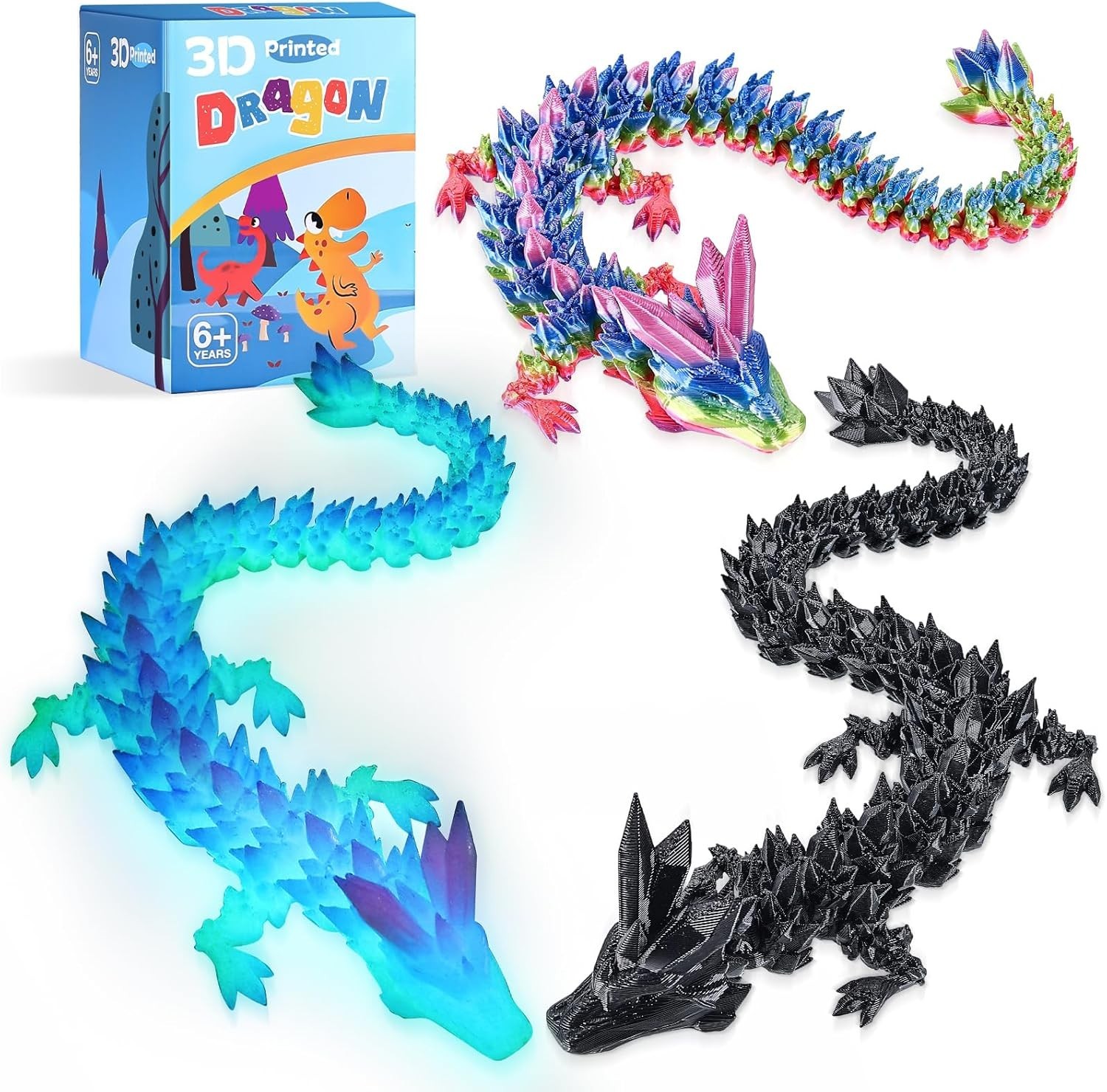 3Pcs 12In 3D Printed Crystal Dragon Glow in the Dark,3D Printed Flexible Articul