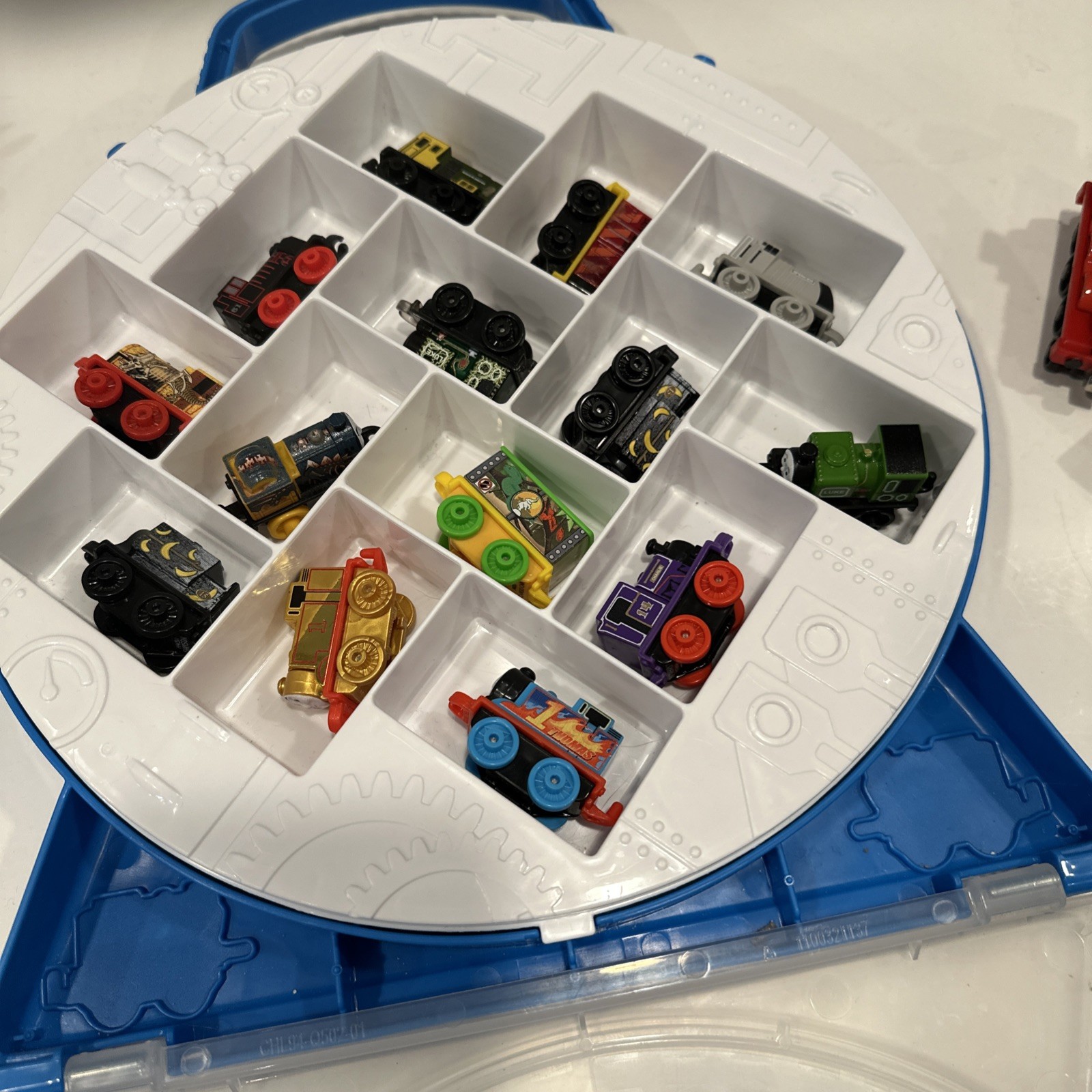 Thomas Miniature Train Set Blue Circular Storage Case With Trains And Extra