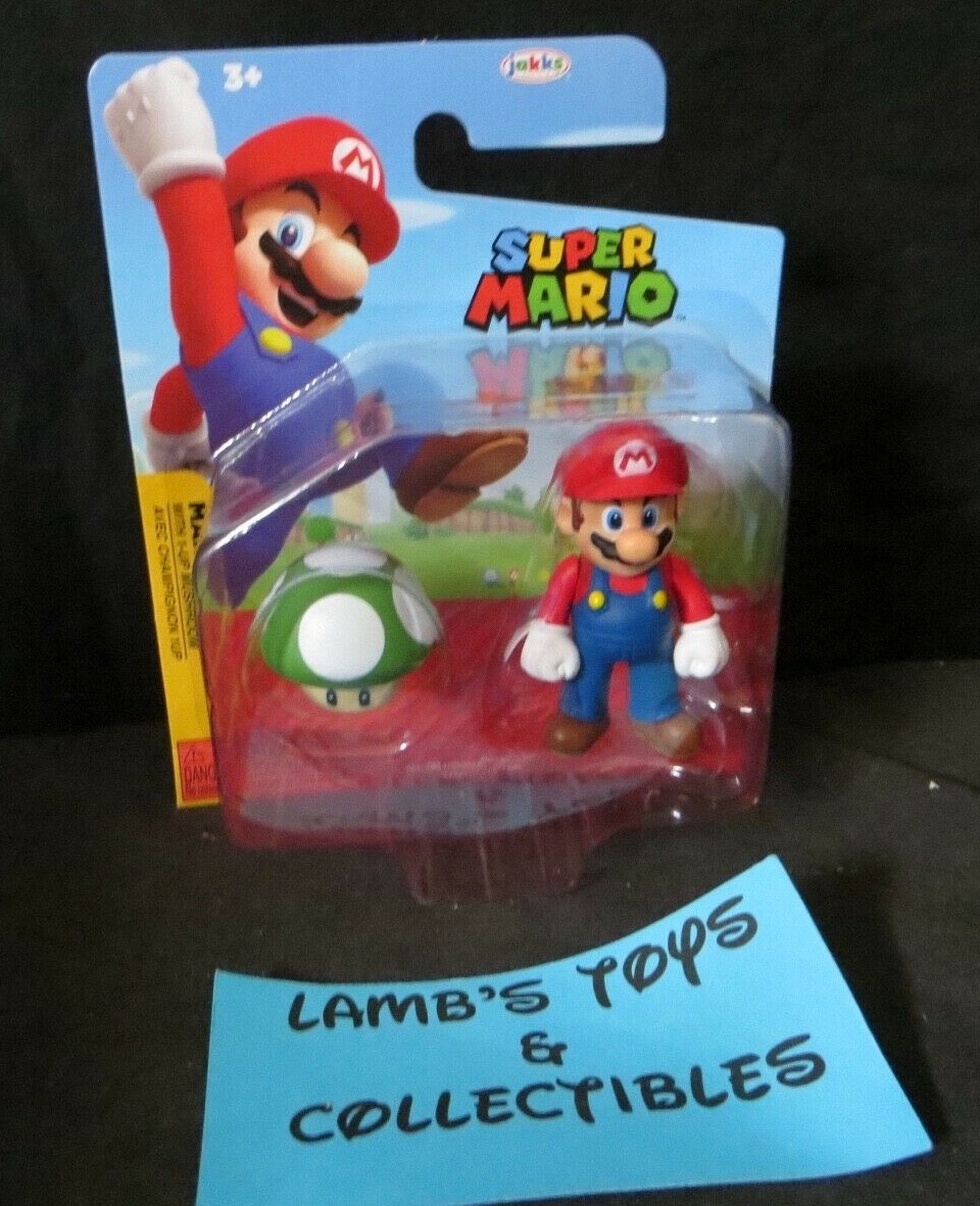 Super Mario 2.5&Prime; Mario with Green 1Up Mushroom Action Figure Collectible Toy Set