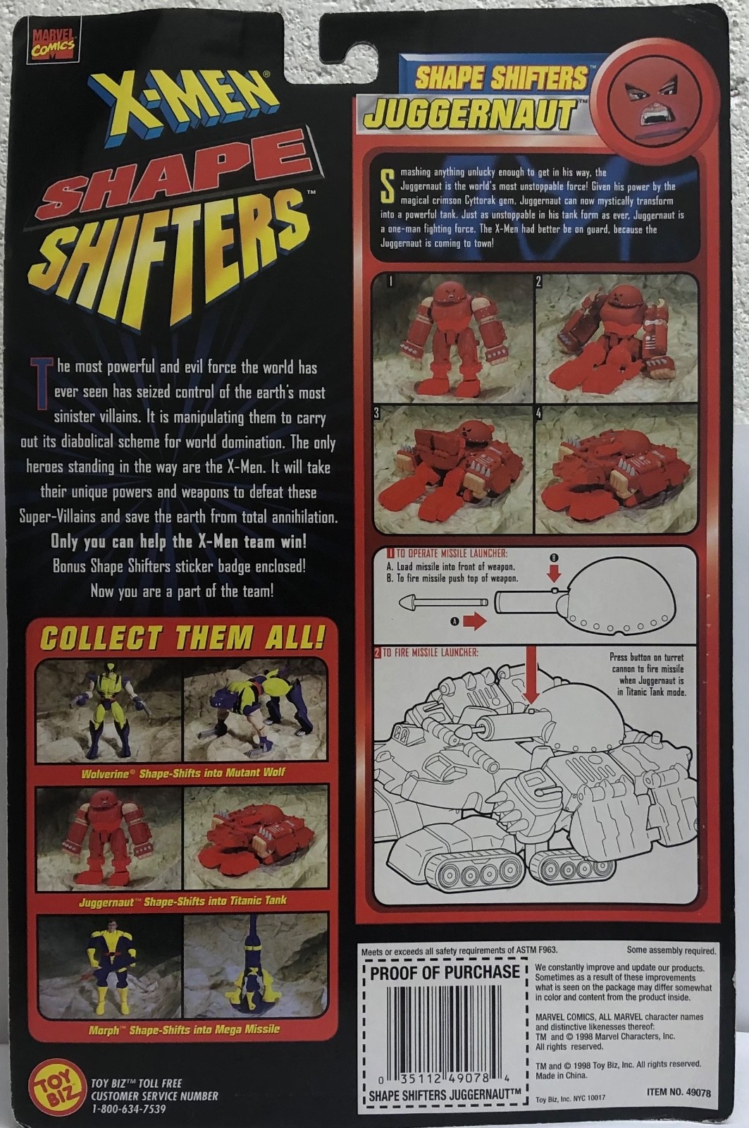 X-Men Shape Shifters Juggernaut Mutant Titanic Tank 6&Prime; Toybiz Missile SEALED