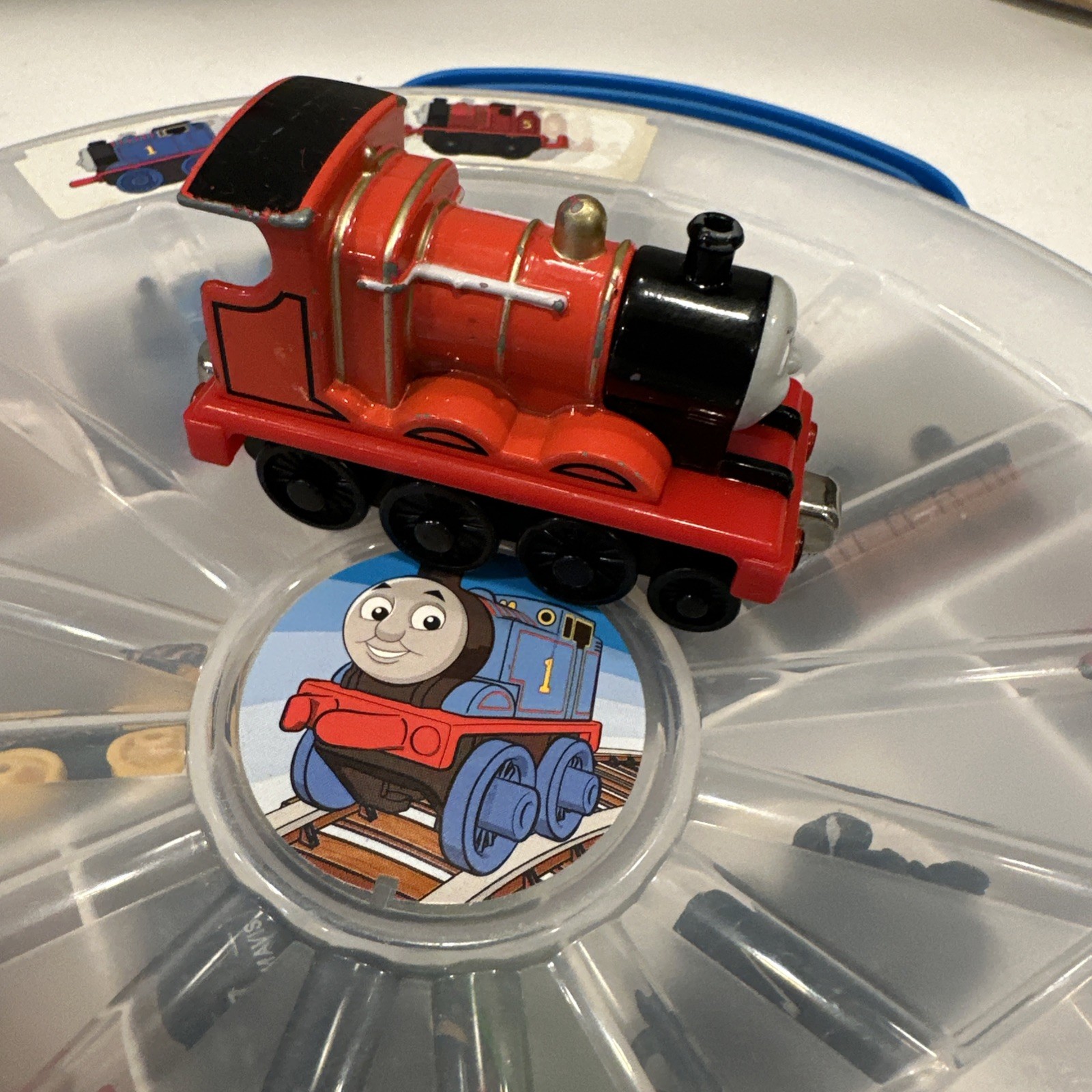 Thomas Miniature Train Set Blue Circular Storage Case With Trains And Extra