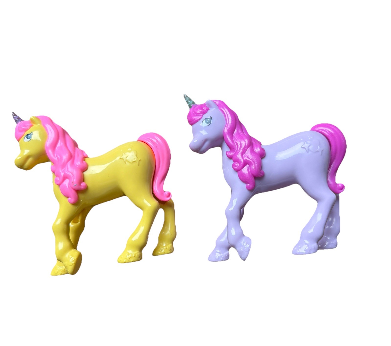 Vintage Unicorn Toy Figures Set of 2 Yellow Purple Pink Mane Glitter Horn 3 inch