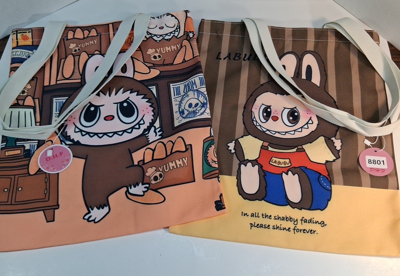 Lot of 2 New Labubu Canvas Totes Shopping Bags D.H.F. with Zipper NWT 15&Prime;x 13&Prime;