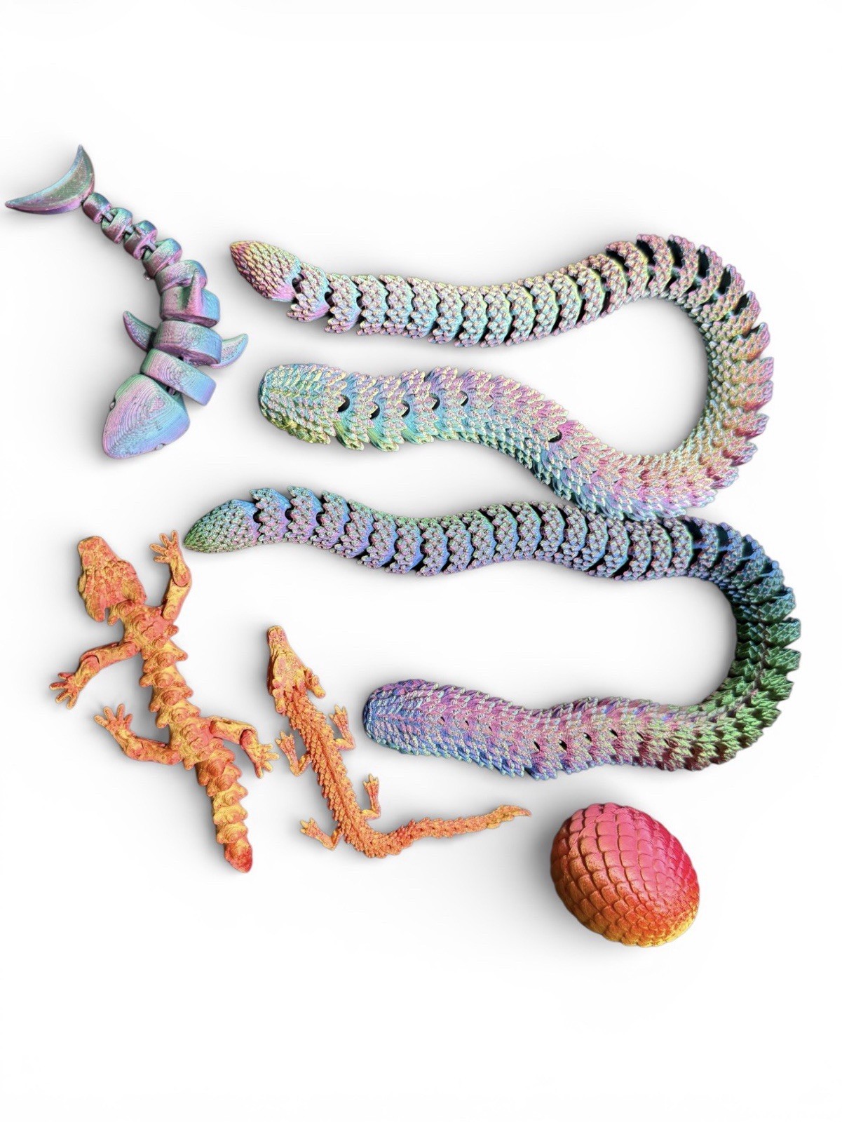 5pc 3D Printed Articulated Creatures Lot Snakes Dragons Shark Egg Fidget
