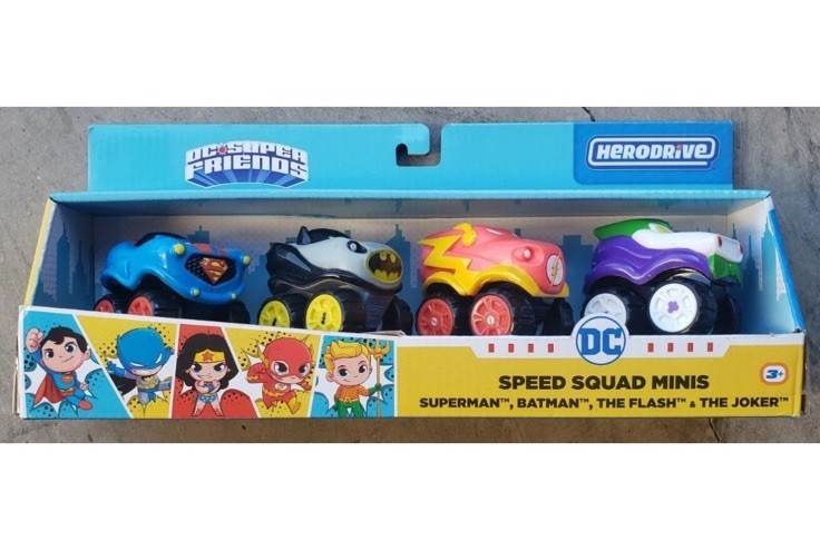 DC Super Friends HeroDrive Speed Squad Mini Cars 4pk Superman Batman Joker Flash