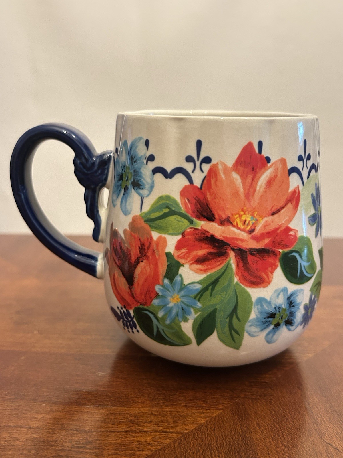 Pioneer Woman Stoneware Red Cobalt Spring Bouquet Potbelly Mug Blue Handle 16oz