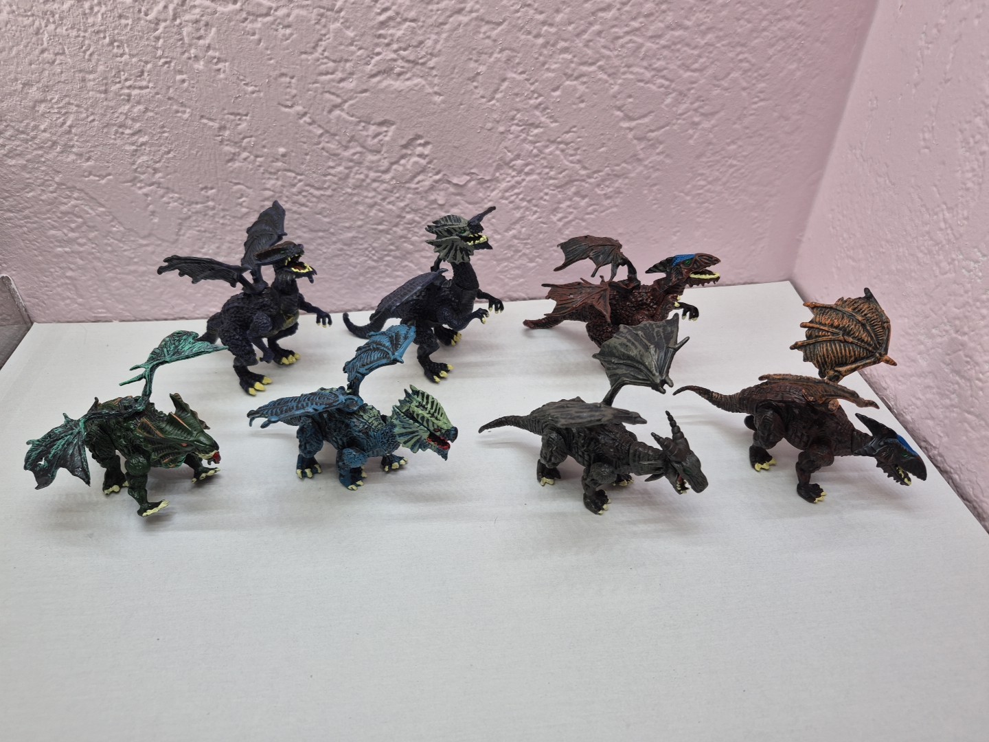 Lot of 7 4&Prime; Dragon Figures Plastic Black Purple Green Blue