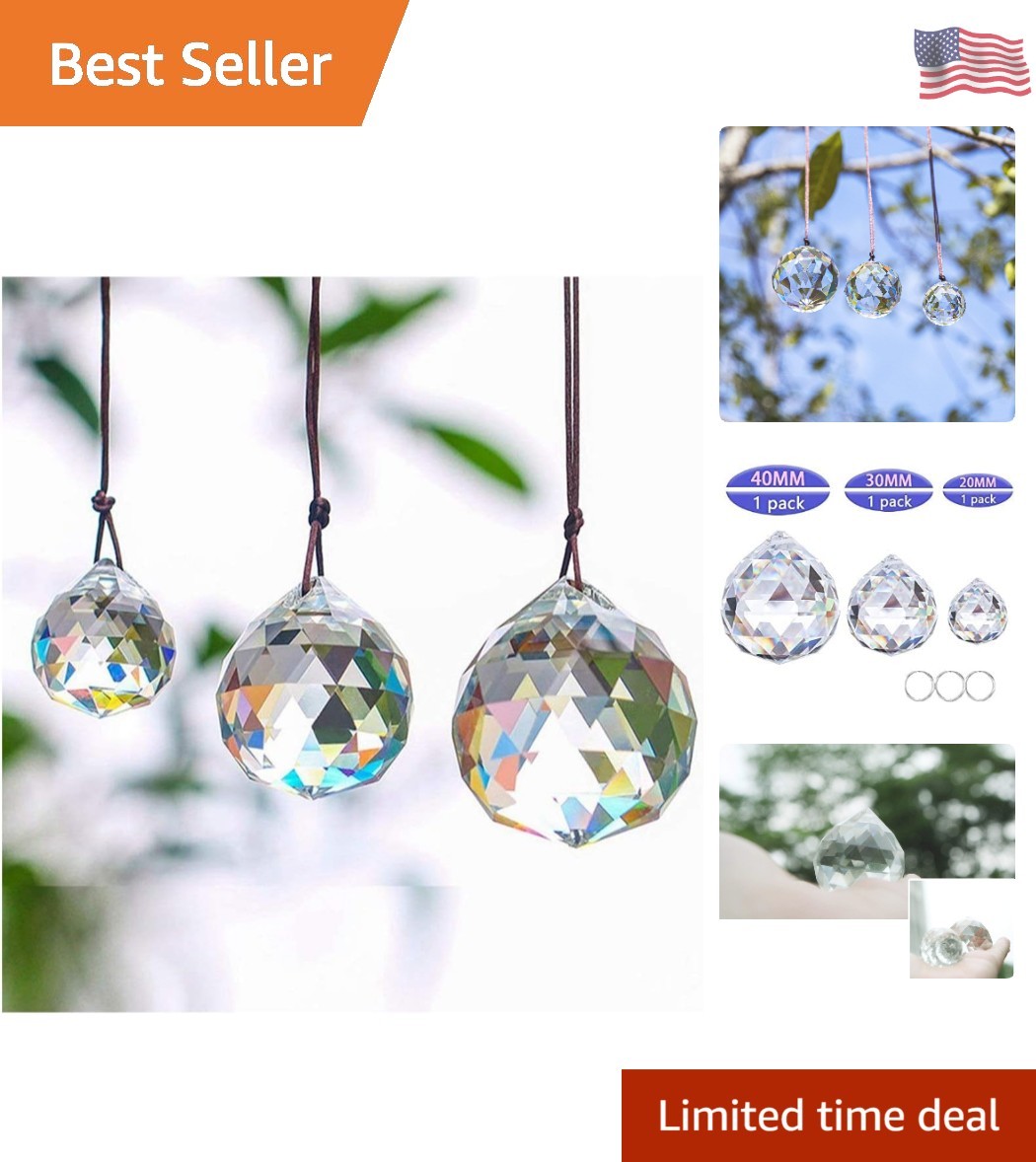 Set of 3 Clear Crystal Ball Includes 20/30/40mm Faceted Prism Balls Suncatche…