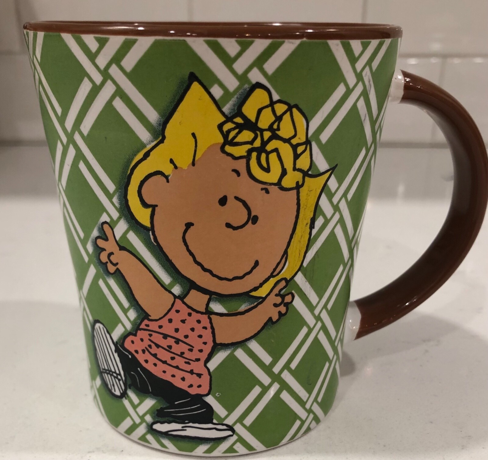 Sally Peanuts Mug Sally World Collection 15oz with Wht/Green Lattice