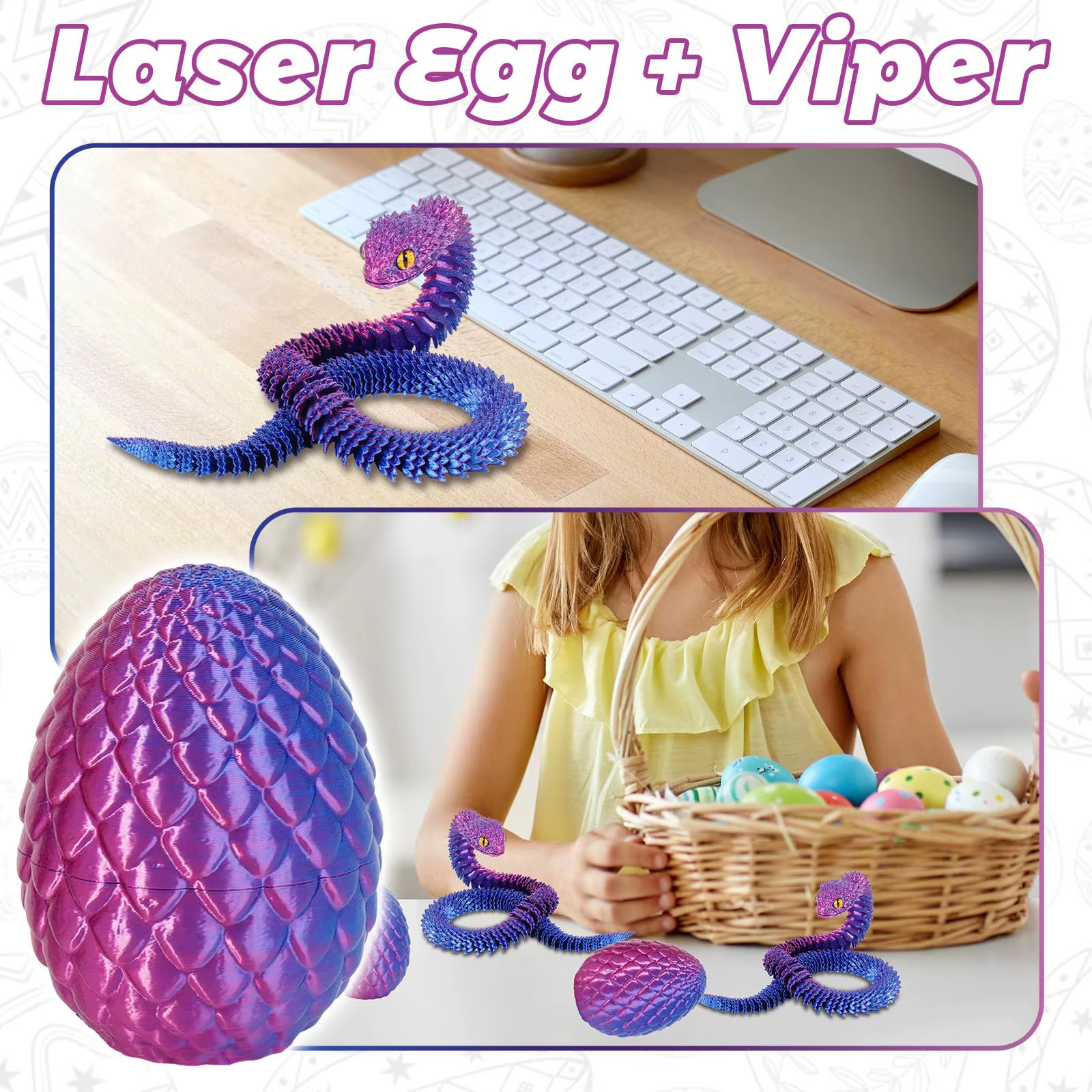 3D Printed Snake Egg with Flexible Inner Hinge Animal Toy, Movable Joint Surpris