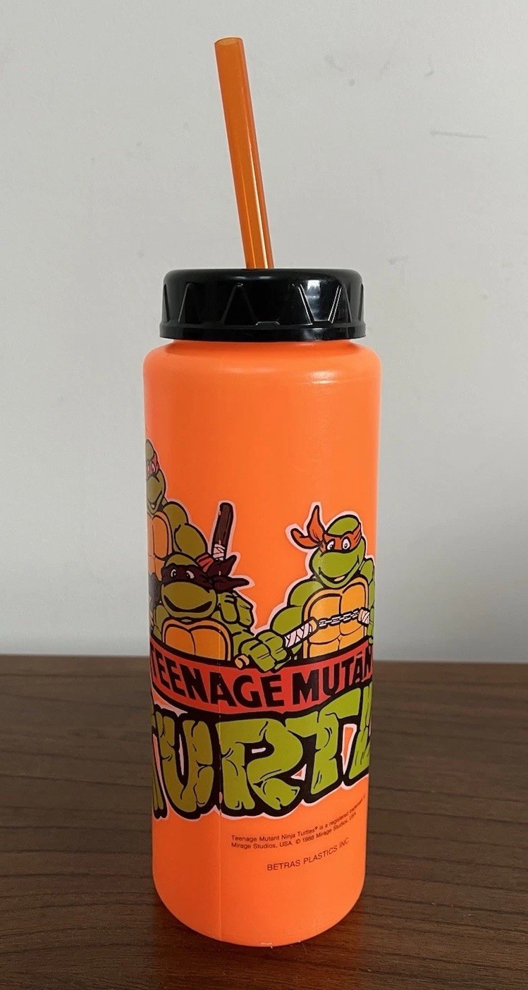 Vintage Teenage Mutant Ninja Turtles TMNT Water Bottle & Straw Orange 1988 80s