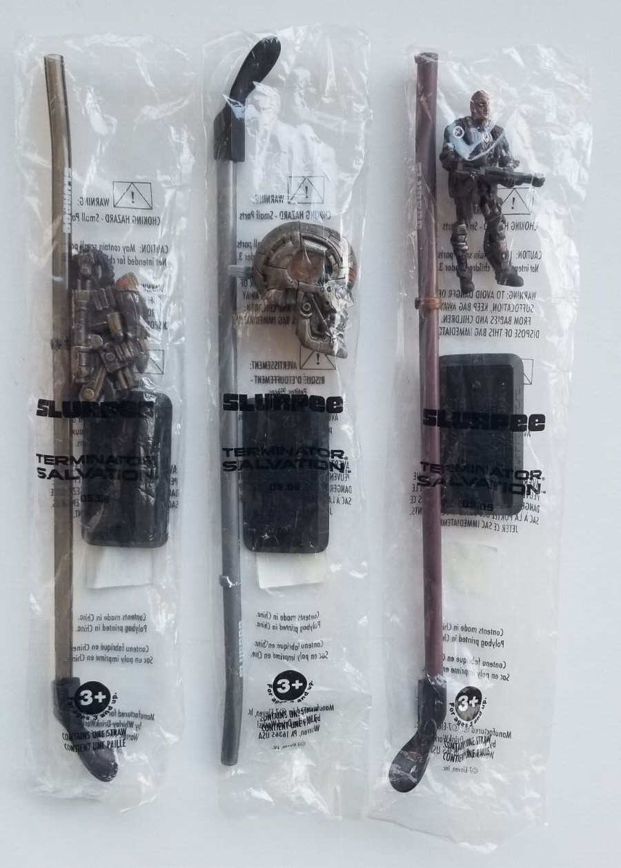 3 Diff 7-11 TERMINATOR SALVATION 2009 Slurpee Spoon Straw w/ Detachable Figures